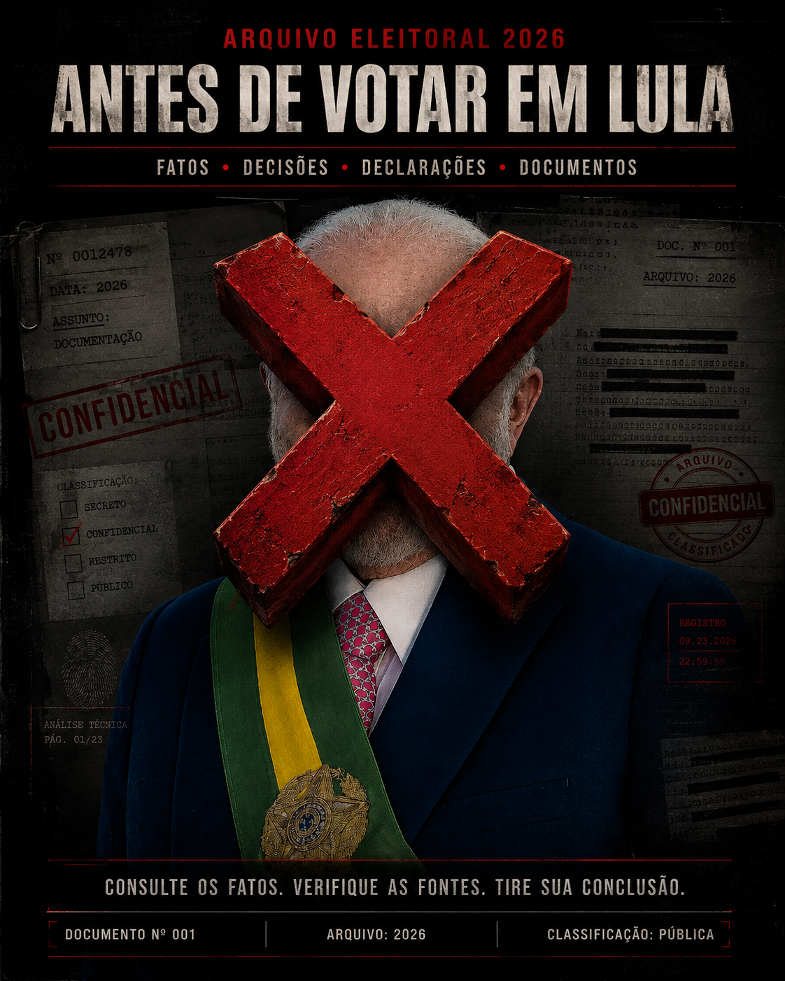 Dossiê do arquivo eleitoral 2026 com marcação vermelha sobre retrato oficial